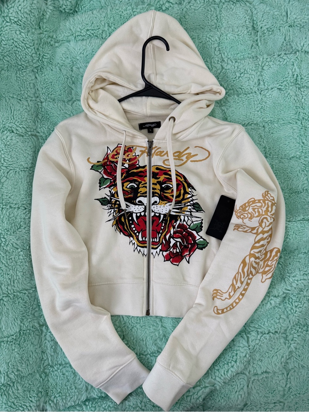 Ed Hardy Crème Zip-Up Hoodie with Tiger Graphic